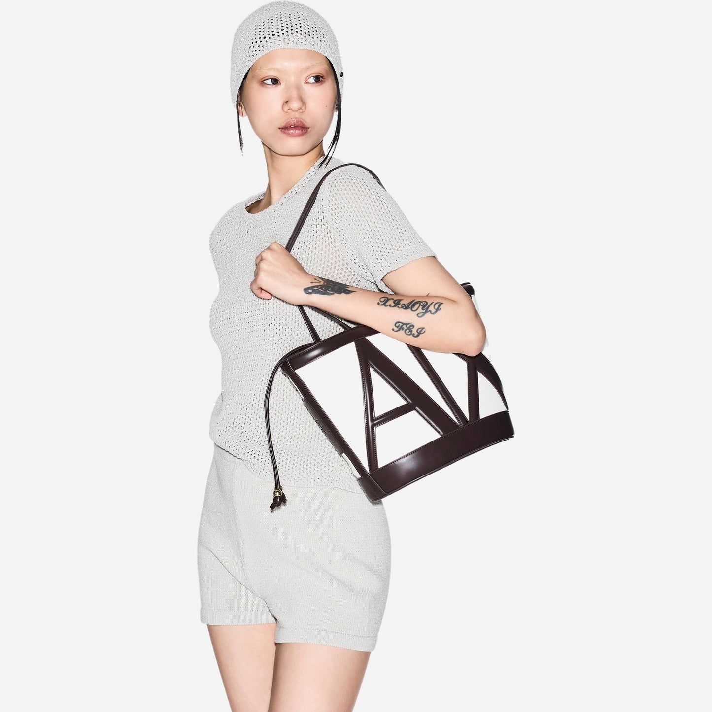 ARMANI EXCHANGE Borsa shopper a spalla in canvas NATURAL / DUSK SHADE