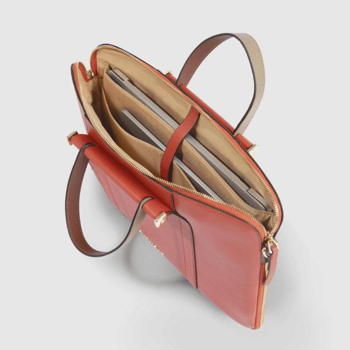 PIQUADRO Cartella 14'' in pelle con tracolla arancio/marrone 
