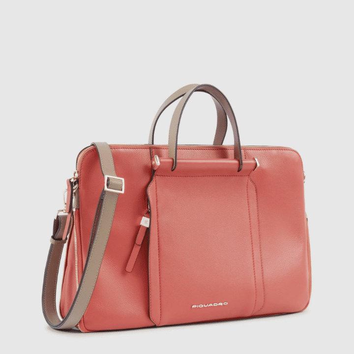 PIQUADRO Cartella 14'' in pelle con tracolla arancio/marrone 
